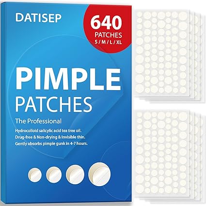 DATISEP Pimple Patches for Face, 640 Count Hydrocolloid Acne Patches for Face, 4 Sizes Zit Patch for Covering, Blemishes and Breakouts, Dots Stickers with Salicylic Acid, Tea Tree Oil & Calendula Oil