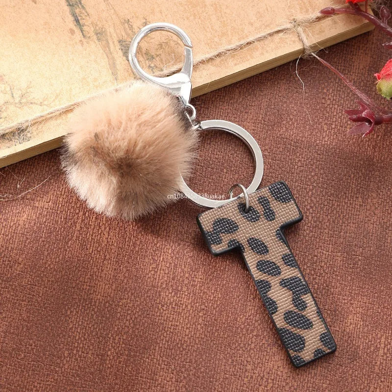 Fashion Leopard English Alphabet Artificial Leather Keychain Exquisite Letter Keyring Women Handbag Charms Accessories Gifts